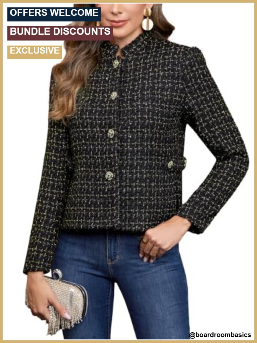 Cropped Tweed Jacket with Plaid Print & Stand Collar